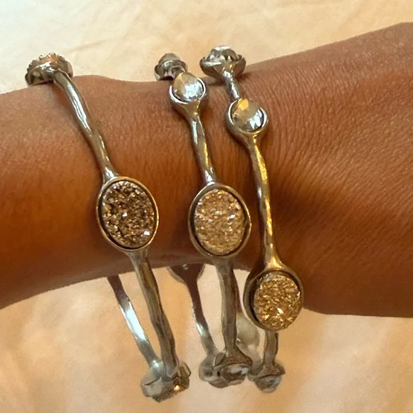 Graziano Silver Bangle Bracelets β Set of 3 Crystal & Druzy Stack NWT - Picture 1 of 6